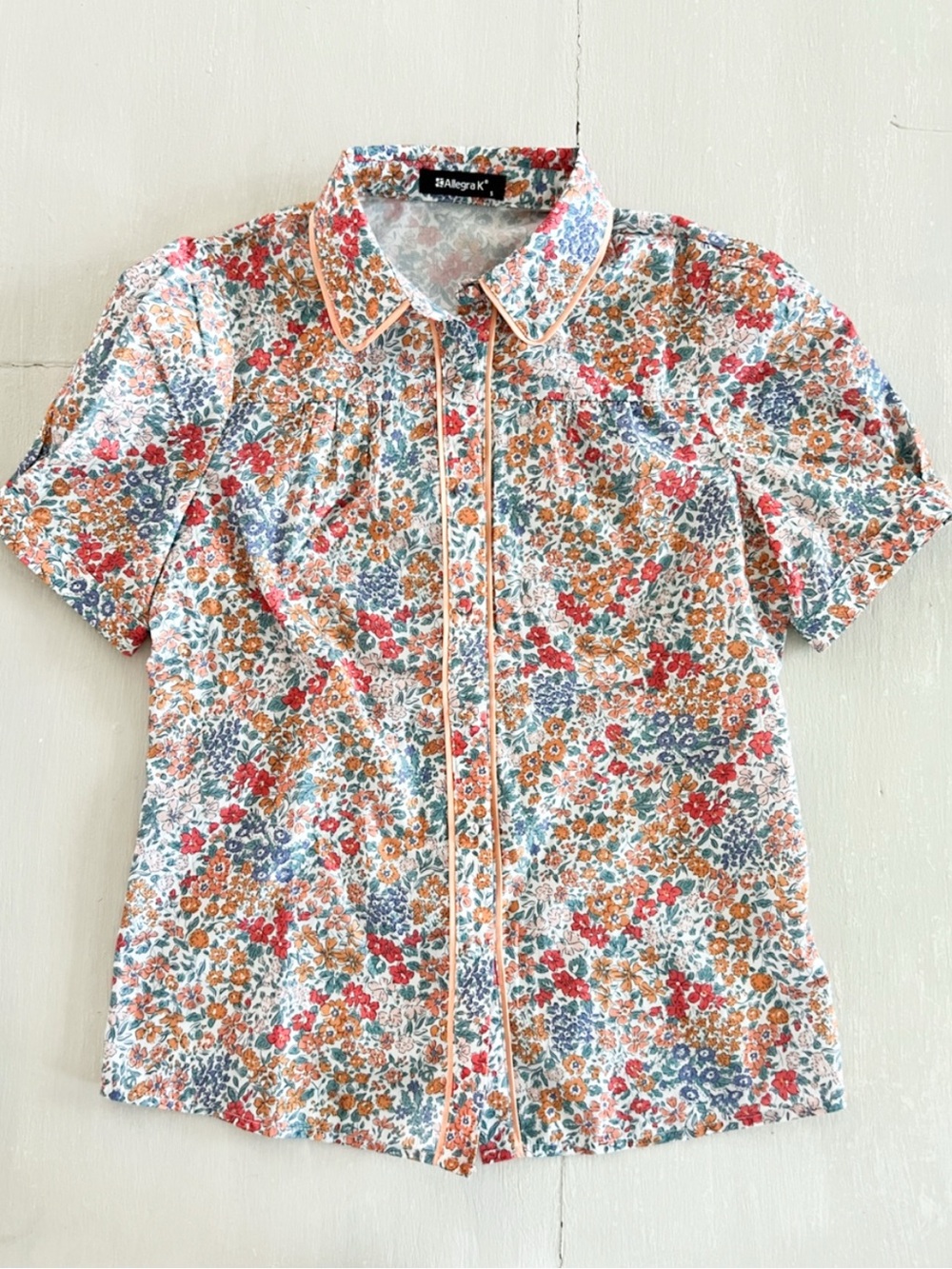 Allegra K Floral Button Front Blouse Women’s Small Contrast Piping